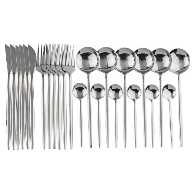 Matte black 24-piece cutlery set, modern and stylish for 6, kitchen dining essential.