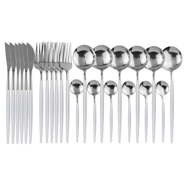 Complete 24-piece modern flatware set, service for 6, versatile for daily use or special occasions.