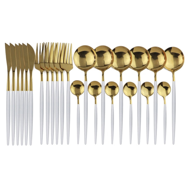 Sophisticated 24-piece flatware set for 6, modern stainless steel, enhances table setting.