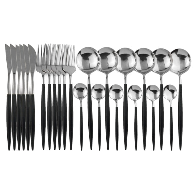 Chic 24-piece gold flatware set, modern design, service for 6, stunning tableware.