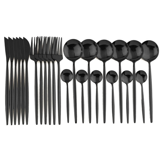 Classic silver flatware set, 24 pieces for 6, modern aesthetic, durable cutlery.