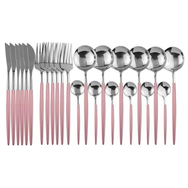 Unique rose gold 24-piece flatware set, modern design for 6, stylish kitchen decor.