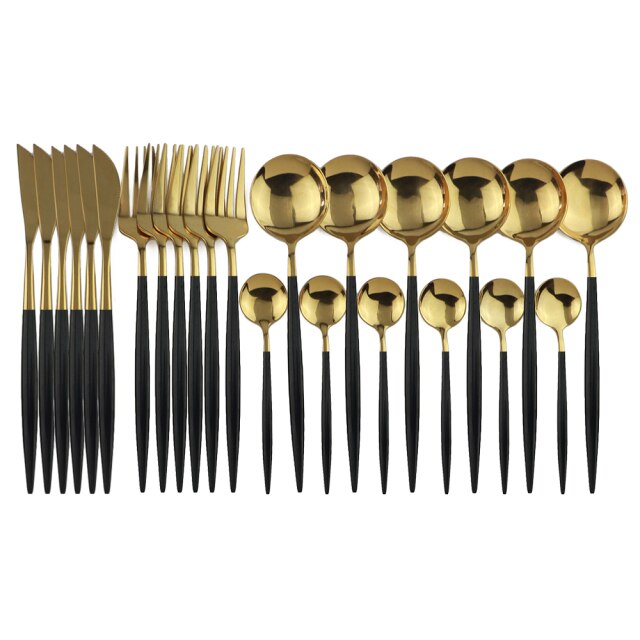 Gold accented 24-piece flatware set, modern design for 6, adds luxury to dining.