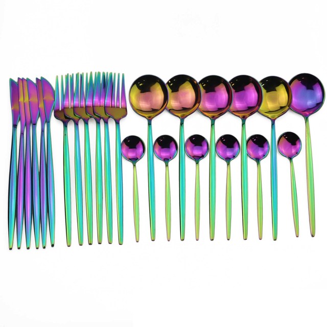 Dark black 24-piece flatware set, modern kitchen dining cutlery for 6.