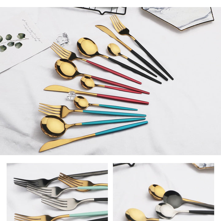 Black modern cutlery set, 24-piece dinnerware for 6, durable stainless steel.