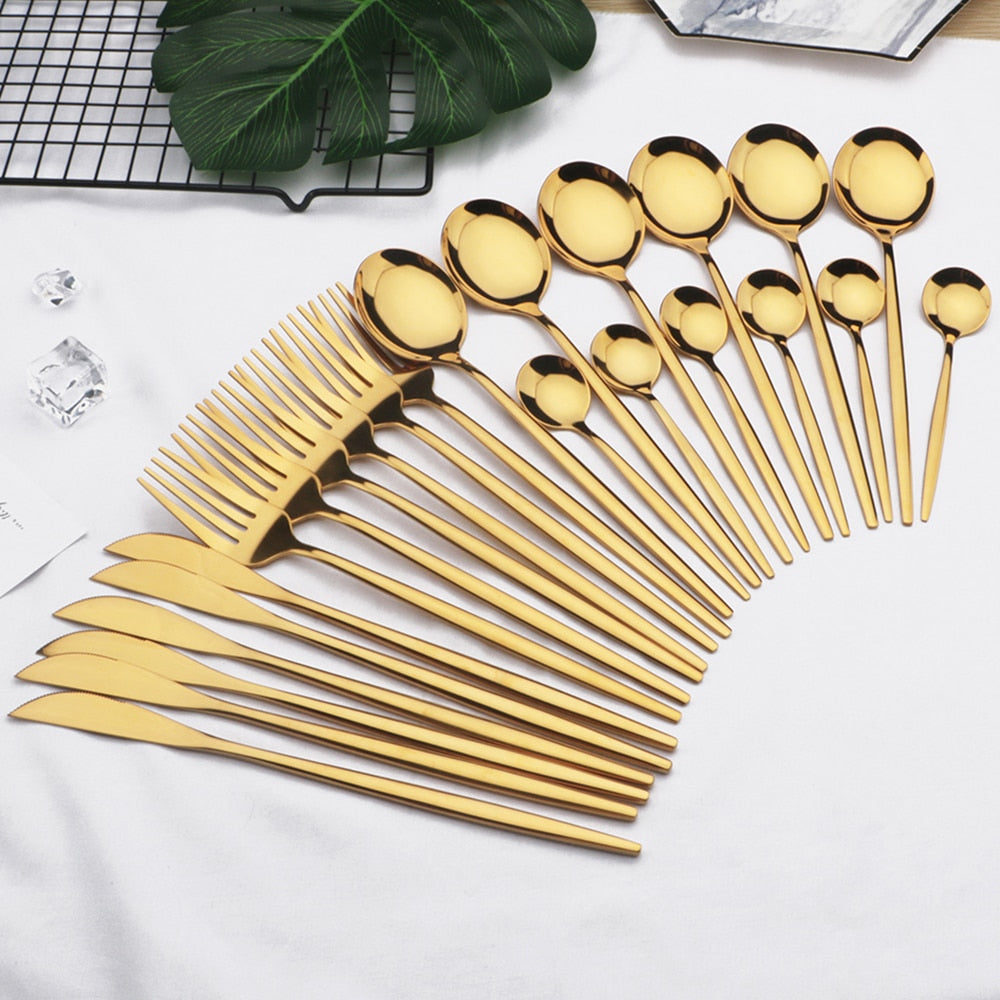Luxury 24-piece flatware set for 6, modern stainless steel cutlery for elegant dining.