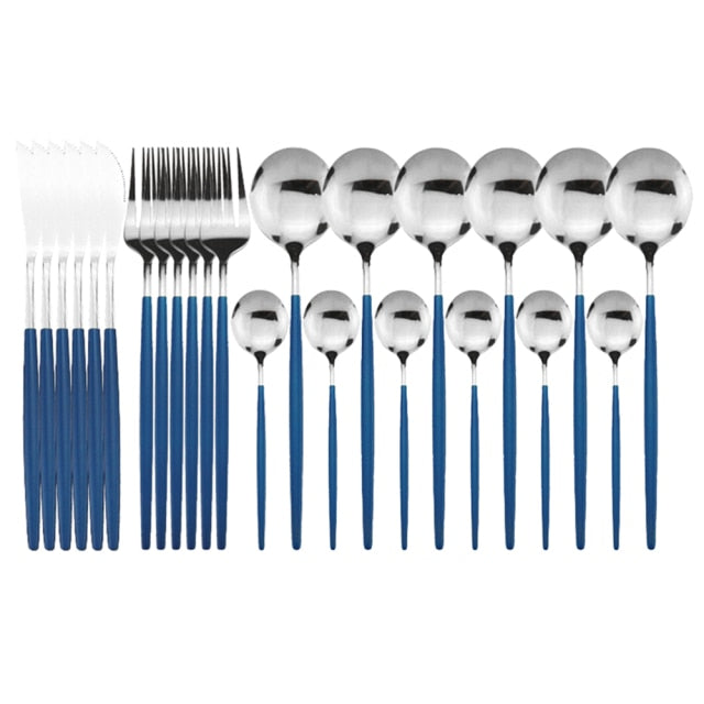 Sleek 24-piece dinnerware set, modern flatware for 6, ideal for kitchen & dining.
