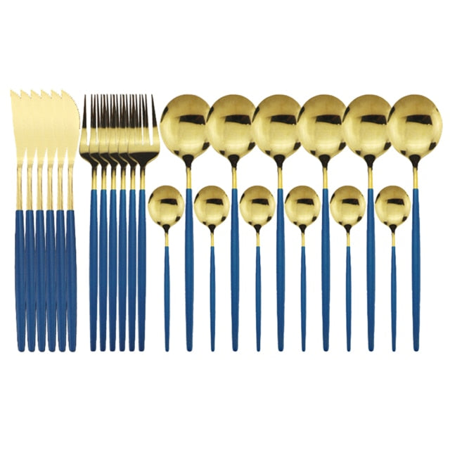 Contemporary 24-piece cutlery set, modern design for 6, includes forks, knives, spoons.