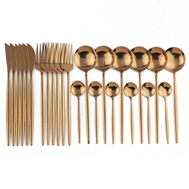 Stainless steel 24-piece flatware set for 6, modern and elegant for any table.