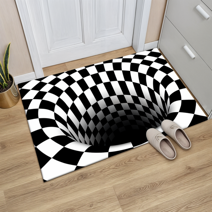 Modern 3D optical illusion door mat with dynamic checkerboard pattern. Perfect geometric entryway rug for home decor.