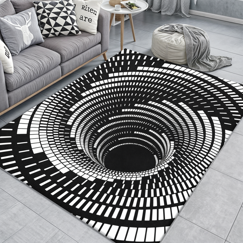 Non-slip 3D optical illusion floor mat for hallways. Features a striking geometric checkerboard design, modern & unique.
