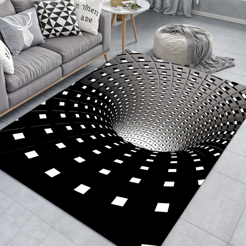 Unisex 3D illusion mat, dynamic black & white checkerboard. A geometric entryway rug for contemporary home decor.