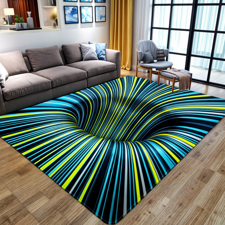 Eye-catching 3D optical illusion door mat with a modern geometric checkerboard pattern. Ideal unique hallway decor.