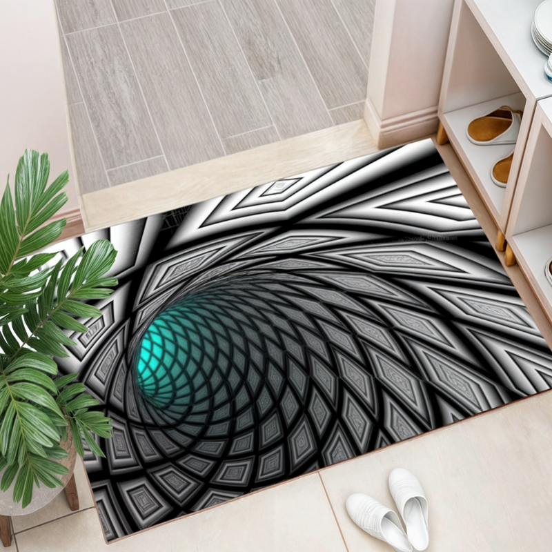 Innovative 3D optical illusion mat for entryways. Non-slip geometric checkerboard design adds modern style to your home.