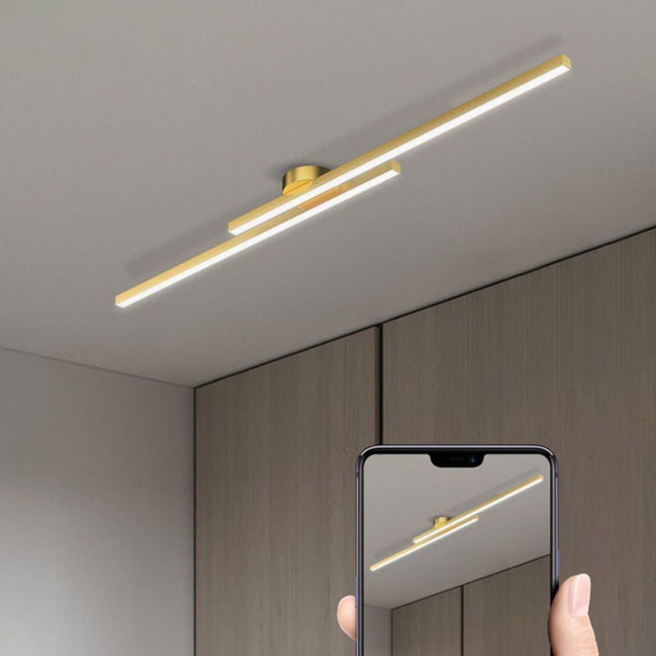Warm white LED aluminum semi flush ceiling light, creating a cozy modern ambiance.