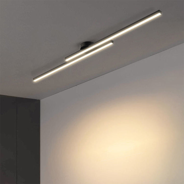 Brushed aluminum semi flush mount LED ceiling light, sophisticated modern lighting.