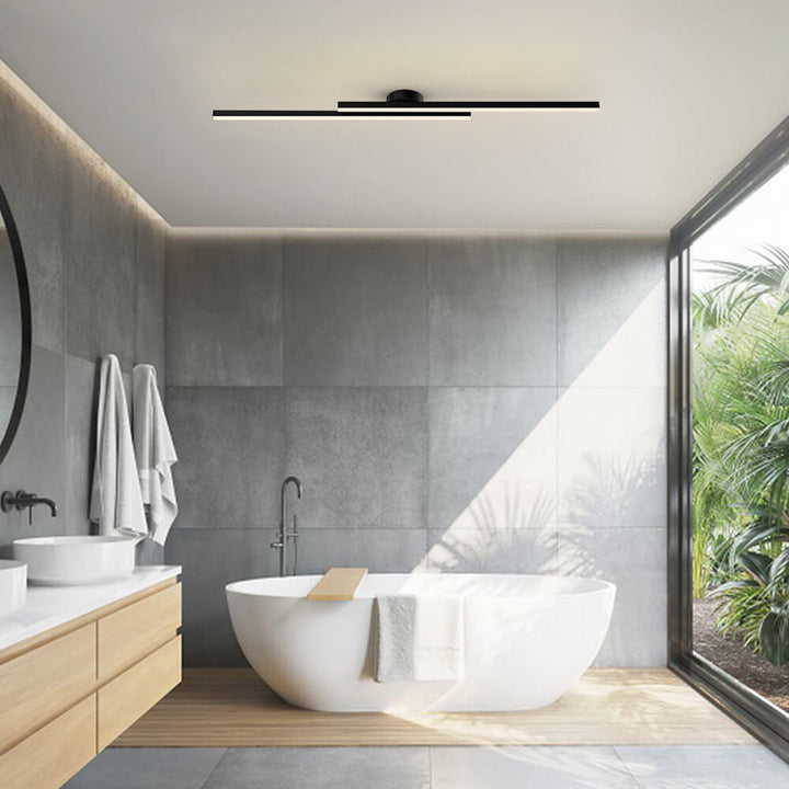 Bedroom modern lighting: sleek aluminum semi flush mount LED ceiling fixture.