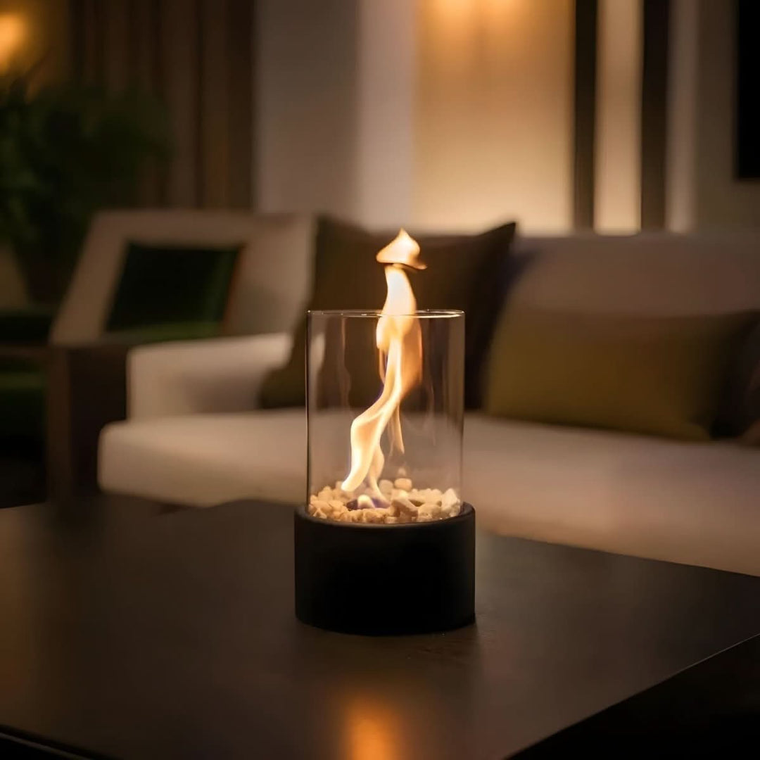 Portable outdoor bioethanol table fireplace. Clean, smokeless flame for garden patio ambiance.