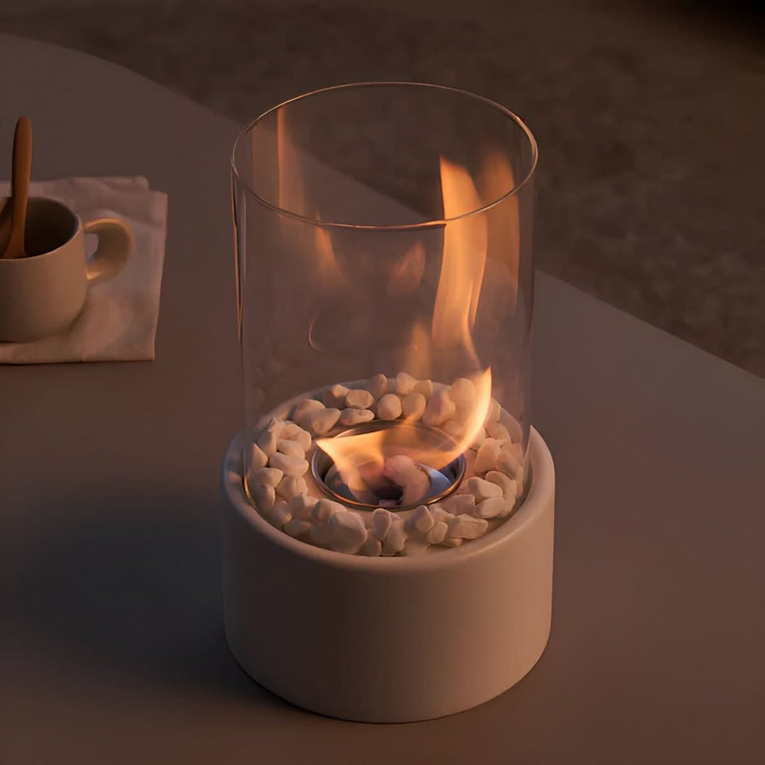 Clean flame bioethanol table fireplace. Smokeless indoor/outdoor ambiance, modern glass & metal design.