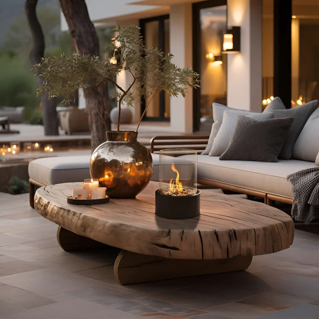 White modern bioethanol table fireplace, glass & metal. Smokeless ambiance for home decor.