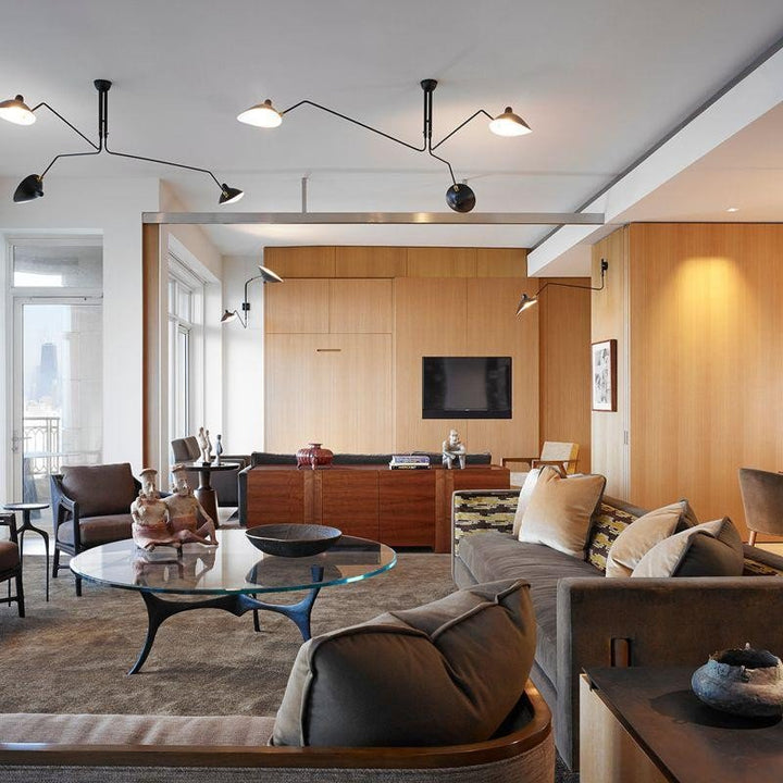 Adjustable black multi-arm ceiling lamp, modern lighting for living room.