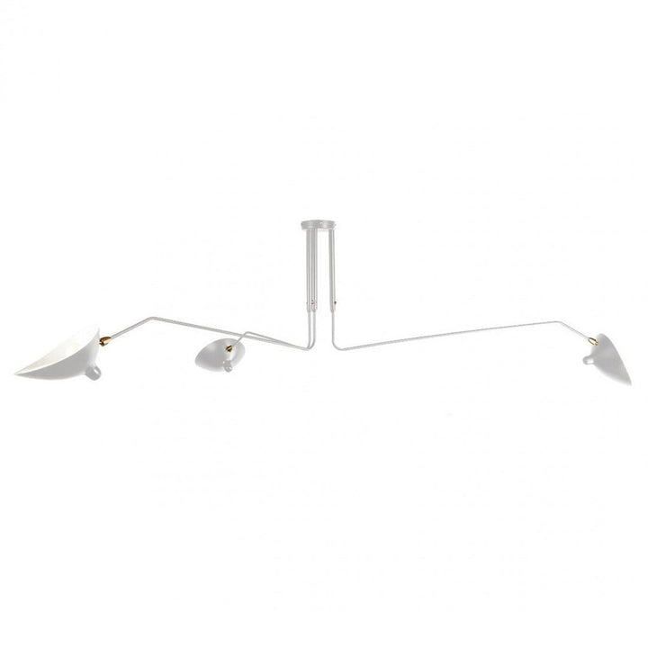 White multi-arm adjustable lighting for a modern dining room setting.