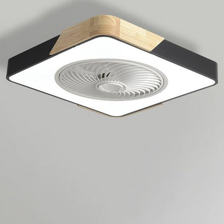 Elegant bladeless ceiling fan with energy-efficient dimmable LED light, controlled by a smart remote.
