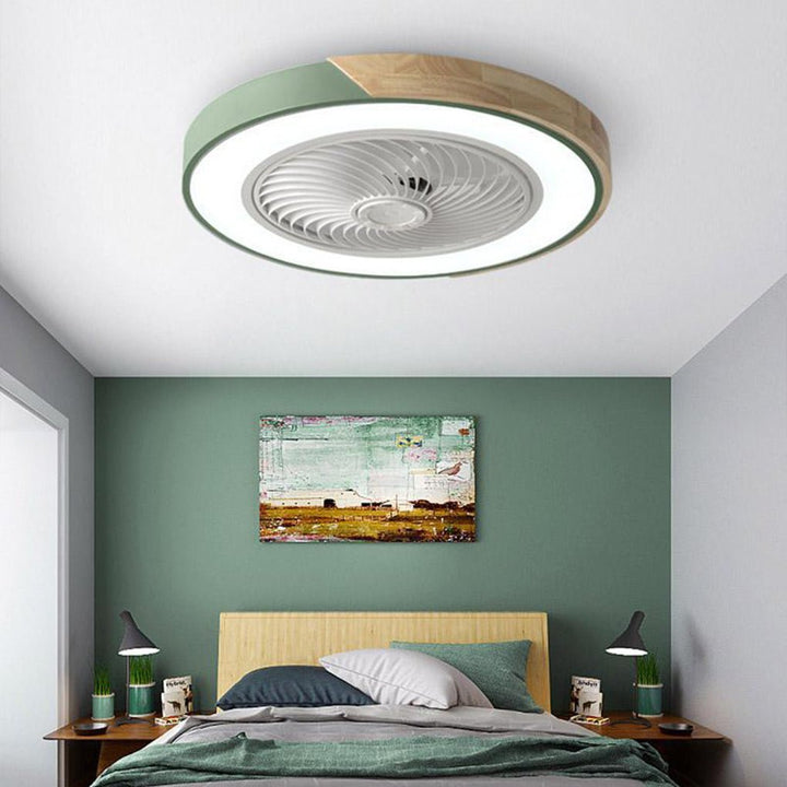 Flush mount bladeless ceiling fan with integrated dimmable LED light & remote, ideal for low ceilings.
