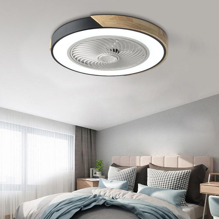 Sleek modern bladeless ceiling fan with bright dimmable LED light, enhancing contemporary home decor.