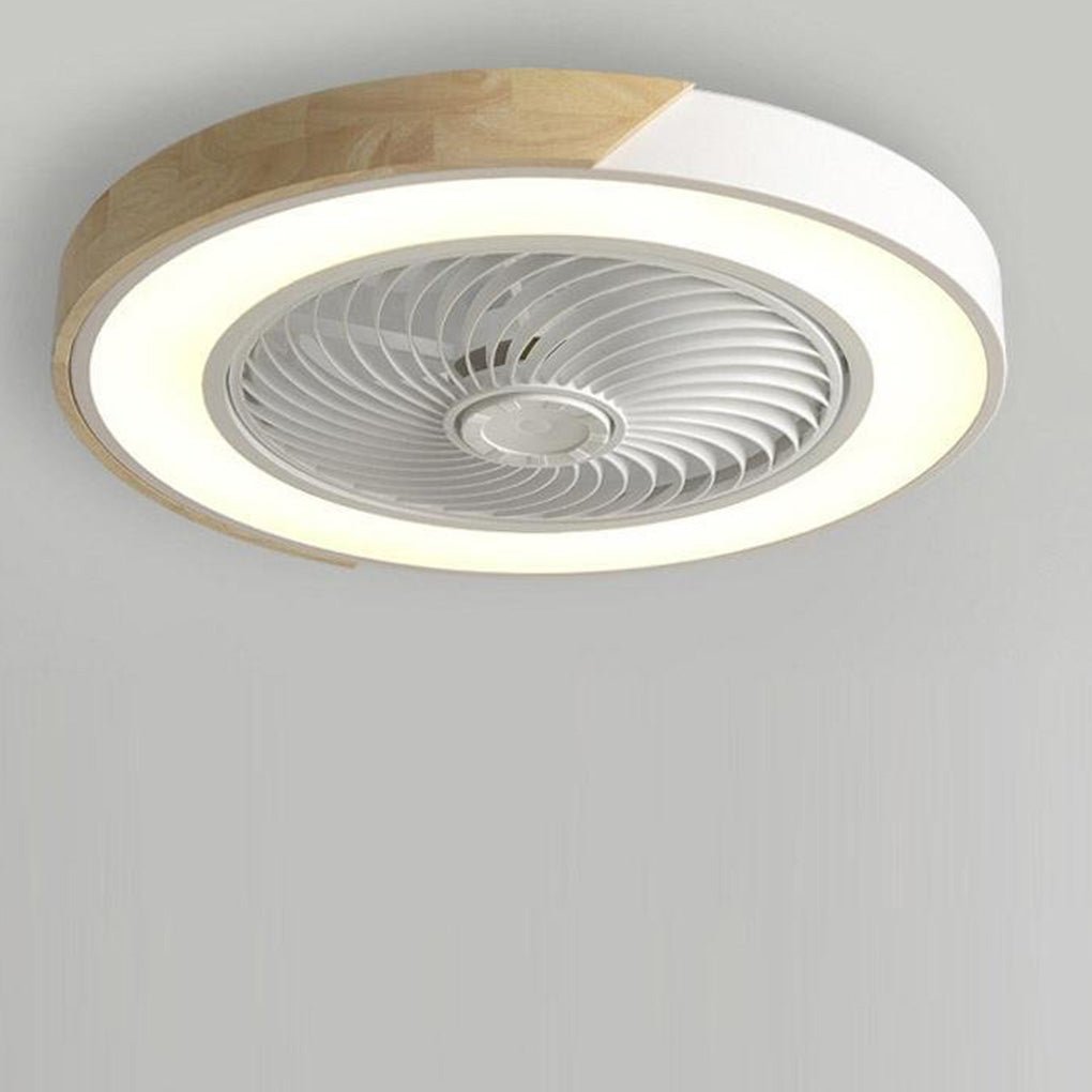 Dimmable LED light integrated into a modern bladeless ceiling fan, offering ambient lighting control.