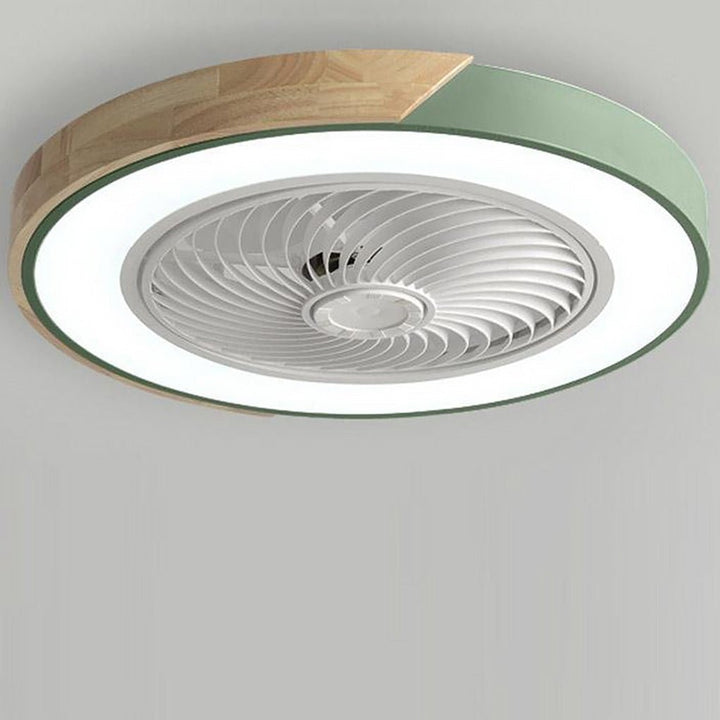 Smart bladeless ceiling fan with remote control and dimmable LED light, a modern home comfort solution.