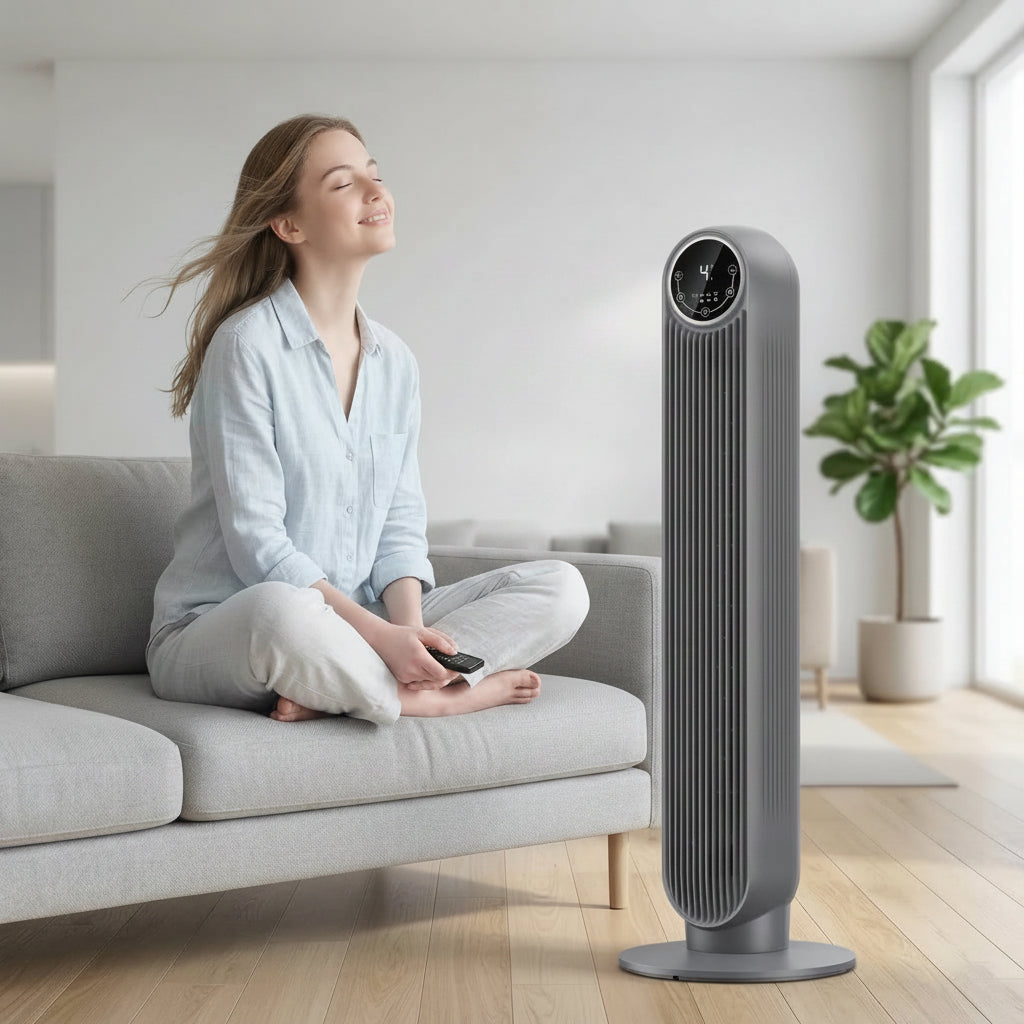 Modern bladeless tower fan with 8 speeds and 90° oscillation for quiet home cooling and air circulation.