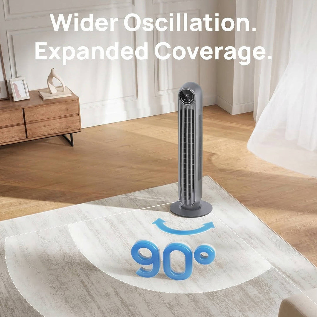 Sleek, modern bladeless tower fan ensuring silent operation and efficient air circulation for home cooling.