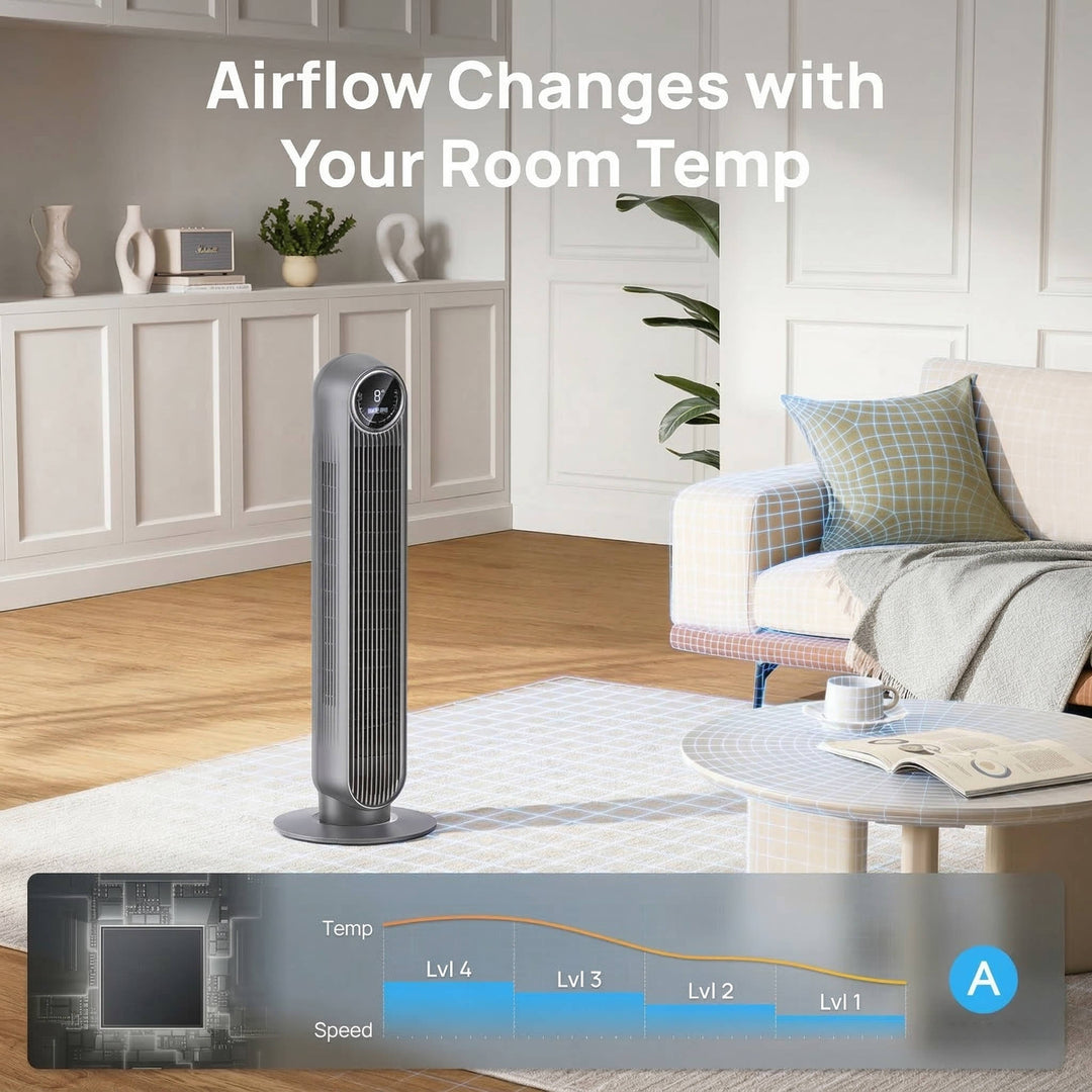 Bladeless tower fan with remote control, 8 speeds & 90° oscillation, perfect for quiet, effective cooling.