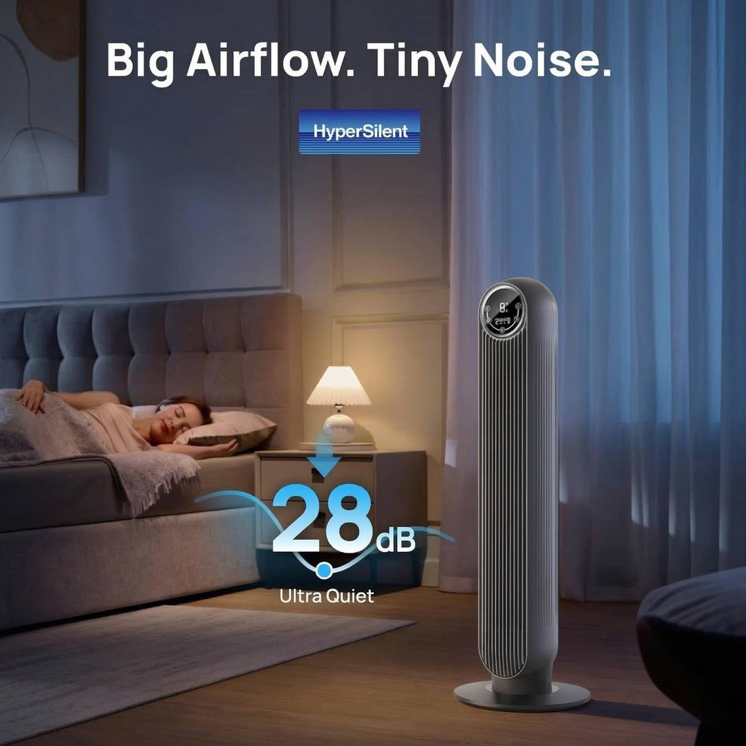 High-performance bladeless tower fan for quiet home cooling, providing powerful air circulation with 8 speeds.