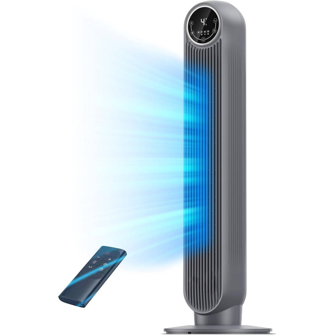 Efficient bladeless tower fan, a modern home appliance with 8 speeds for quiet, oscillating air cooling.