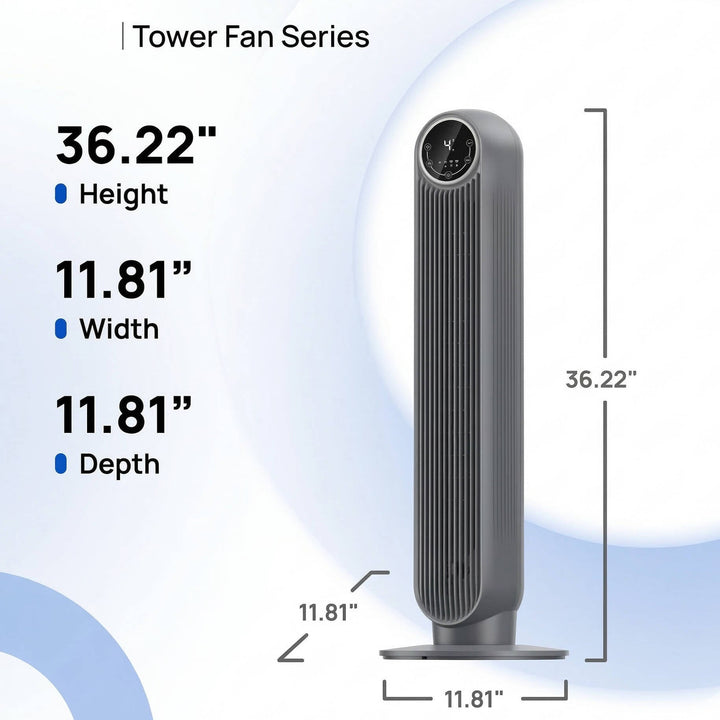 Bladeless tower fan with 90° oscillation for wide air circulation, offering quiet and effective home cooling.