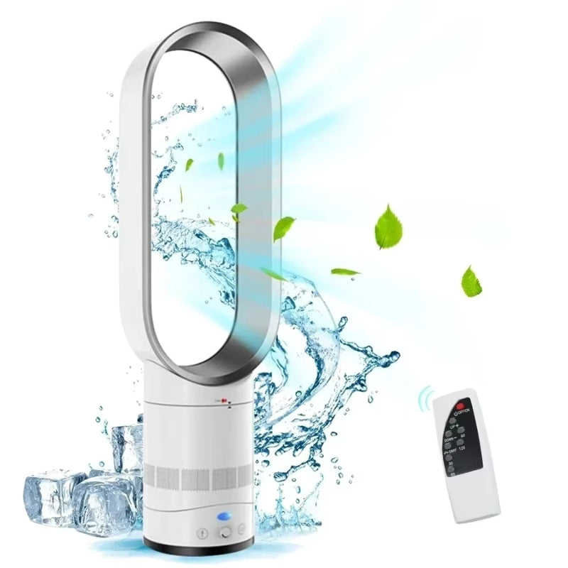 Modern bladeless tower fan with quiet operation, energy efficient airflow & remote control for home comfort.