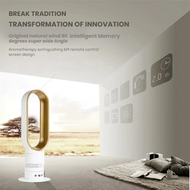 Safe bladeless tower fan for homes, offering quiet air circulation, sleek design & convenient remote.
