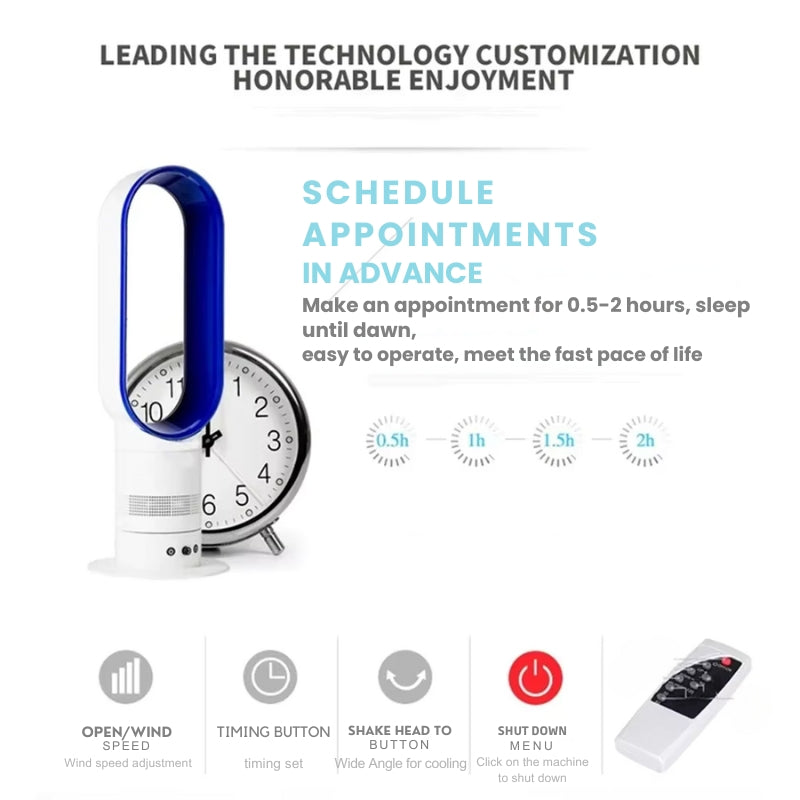 Quiet bladeless tower fan with remote control for safe, energy-efficient home air circulation.