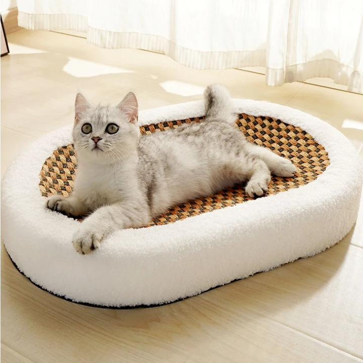 Modern cat bed and scratching post combo by ScratchLounge, featuring plush comfort and sisal durability for indoor cats.