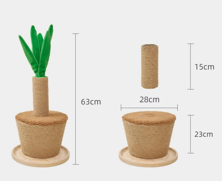 Modern cat scratching post with sisal rope and soft leaf design, perfect for indoor cats' claw care and play.