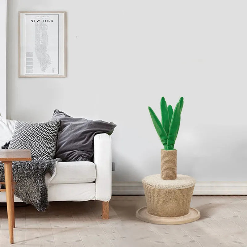 Interactive cat toy and scratcher: a sisal scratching post plant with soft leaves for kitty play and comfort.