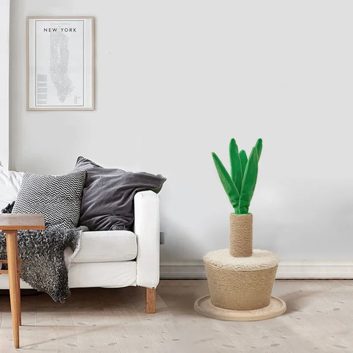Interactive cat toy and scratcher: a sisal scratching post plant with soft leaves for kitty play and comfort.