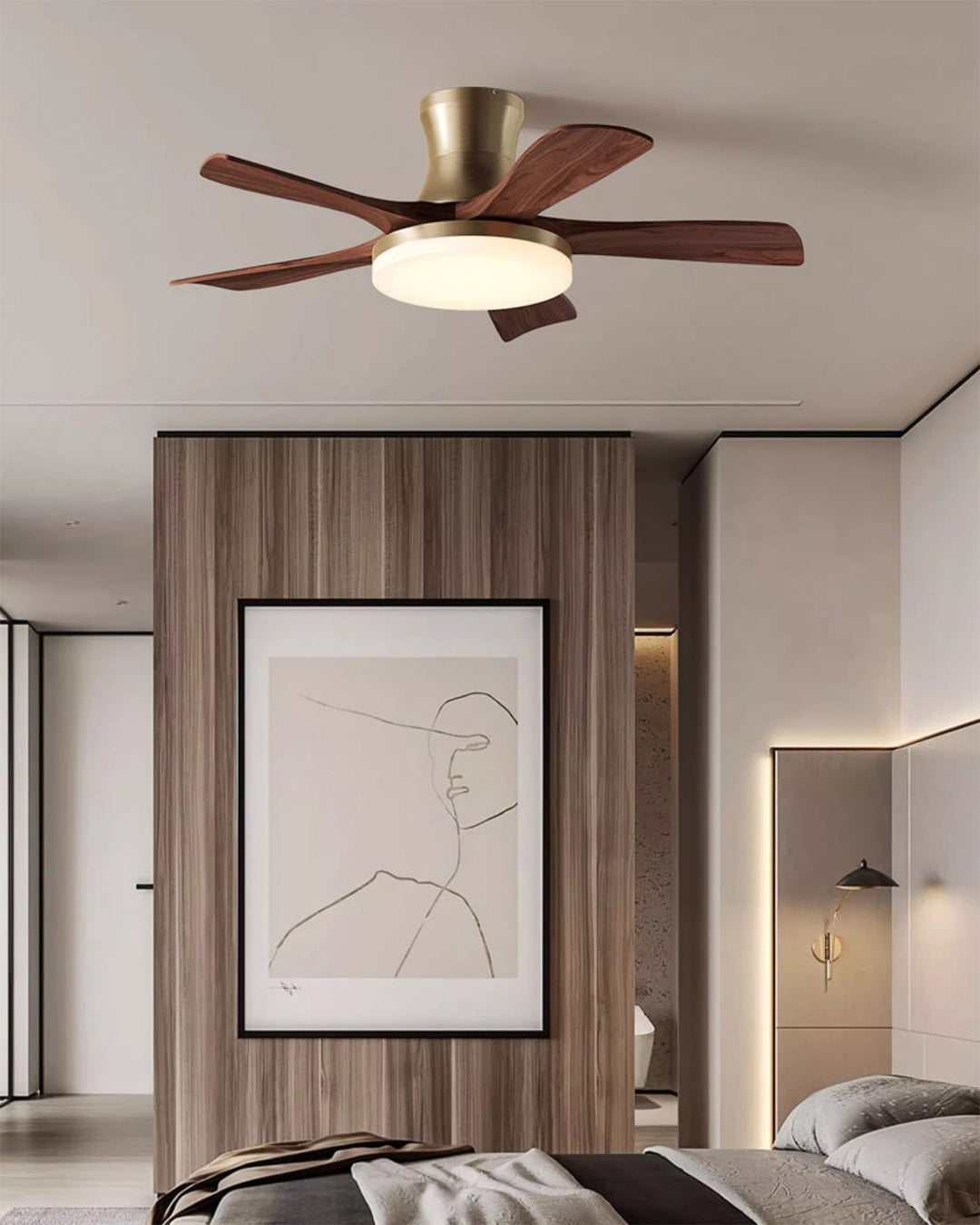 Remote control contemporary ceiling fan with LED light, providing modern illumination & airflow.