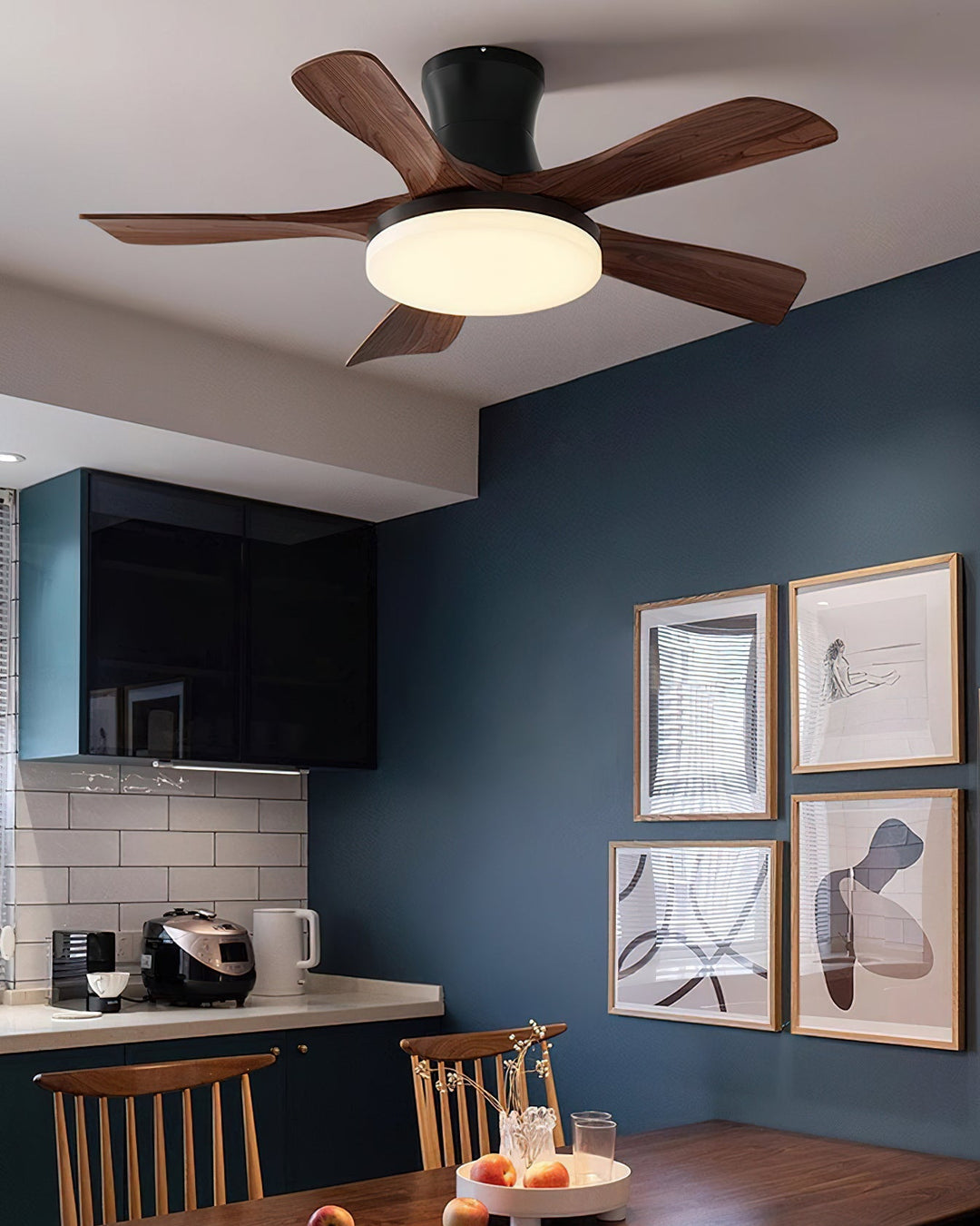 Modern lighting solution: LED ceiling fan lamp with remote, dimmable, contemporary design.