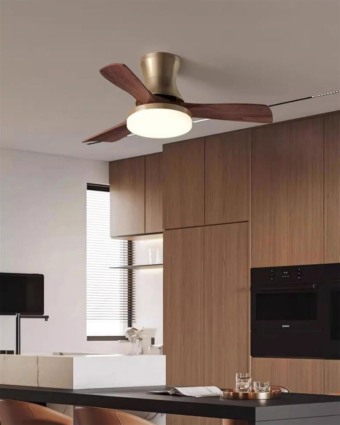 Bedroom modern fan light with remote control, offering dimmable LED and comfortable airflow.