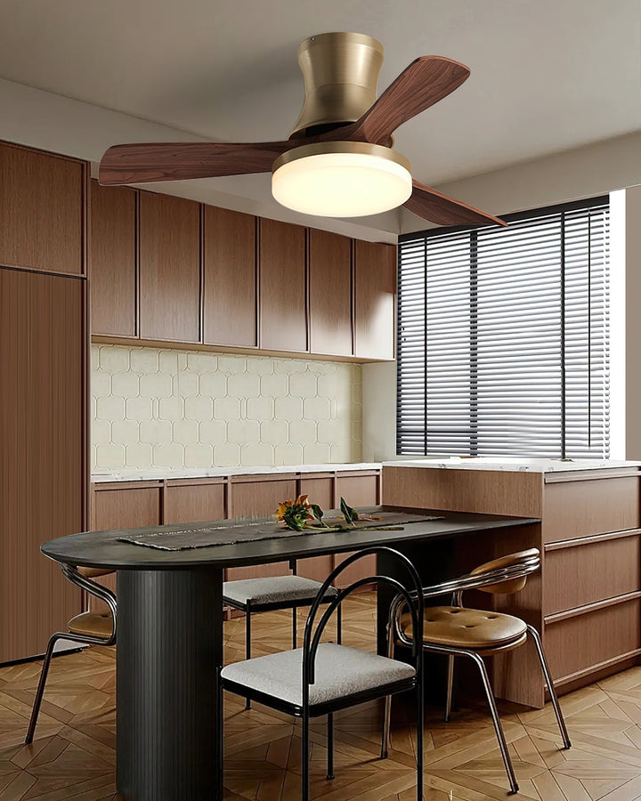 White modern ceiling fan lamp with sleek design, dimmable LED & convenient remote control.