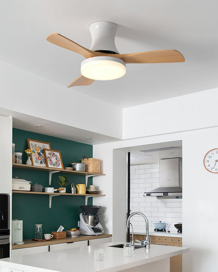 Integrated LED modern ceiling fan, flush mount, with remote for adjustable light & fan.