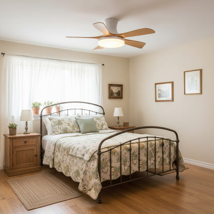Sleek flush mount LED ceiling fan for living rooms, adjustable light & remote control.